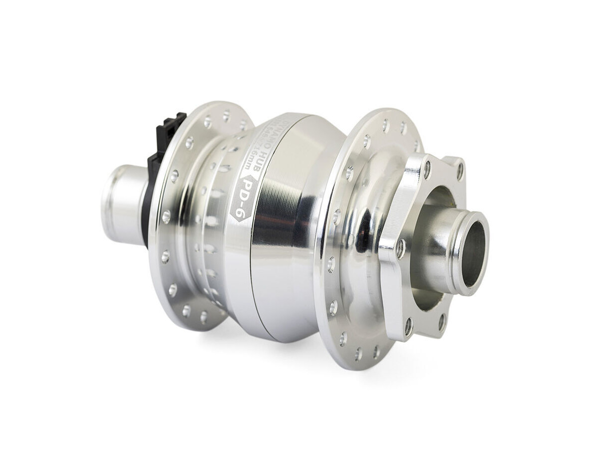 SP PD-6 Power Dynamo Hub Front - 6V-3W - 15x100mm Thru-Axle type. 6-Bolt Disc Mount. For 26"/700c wheels Silver 32H click to zoom image