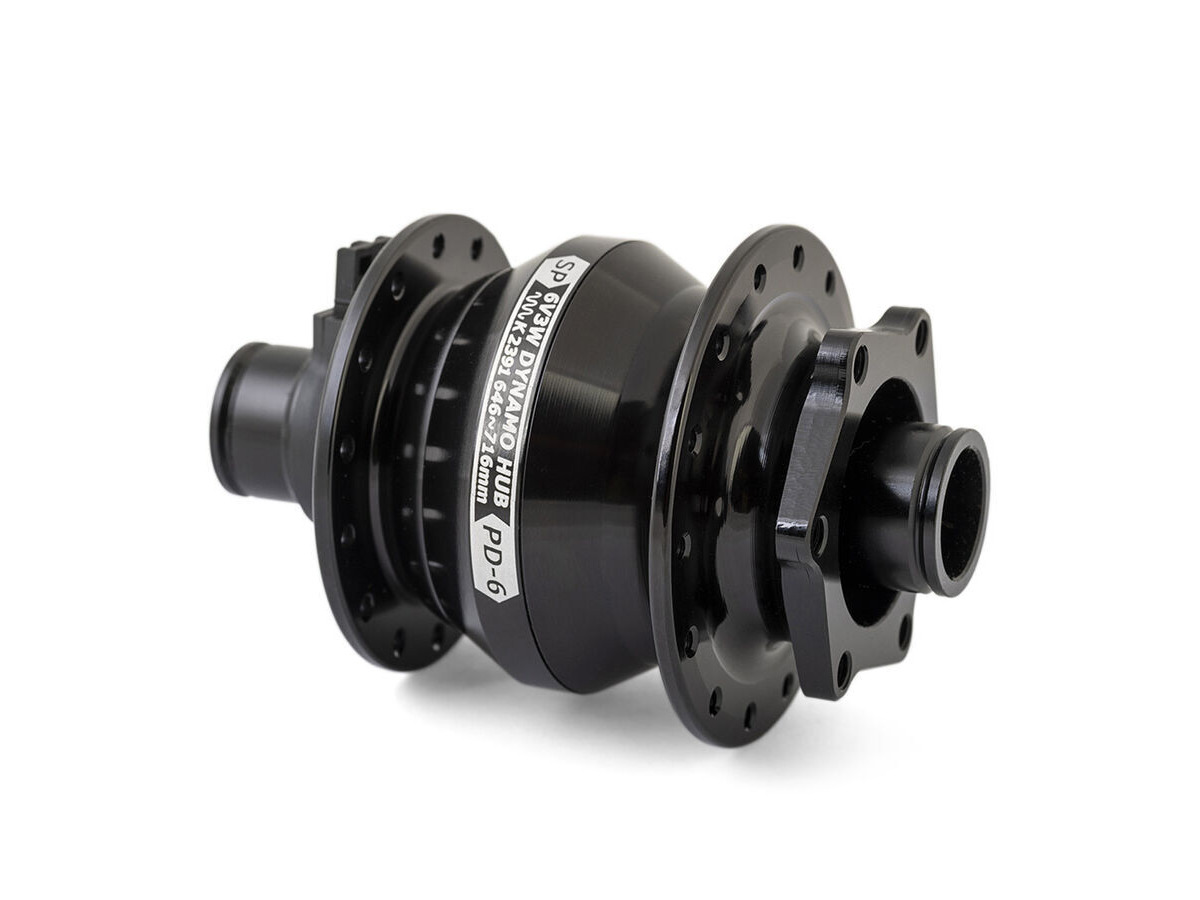 SP PD-6-110 Power Dynamo Hub Front - 6V-3W - 15x110mm Thru-Axle type. 6-Bolt Disc Mount. For 26"/700c wheels click to zoom image